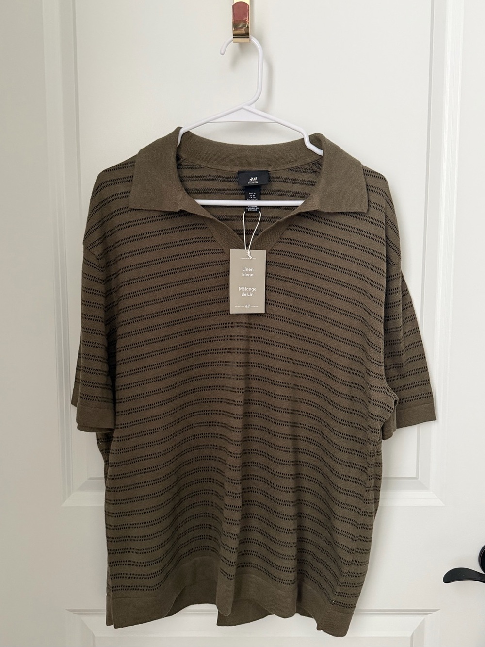 H&M • XL Men’s Linen Blend Olive Green Short-Sleeve Polo Shirt • NWT